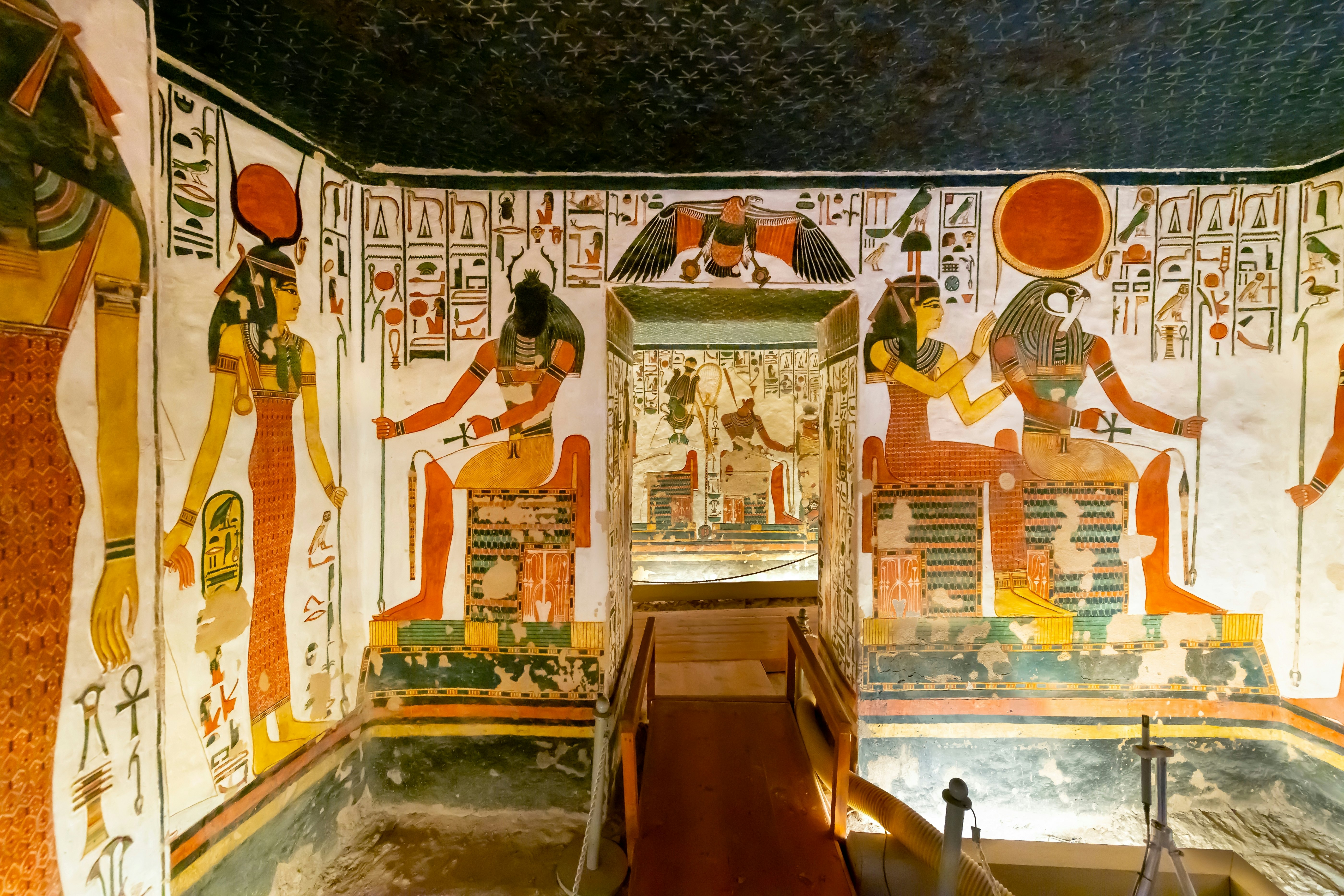 Interior view of the lower Chambers of Tomb QV66 Queen Nefertari, with Gods Hathor, Sekhmet, and Ra Horakhty visible, in the Valley of the Queens, Luxor, Egypt.