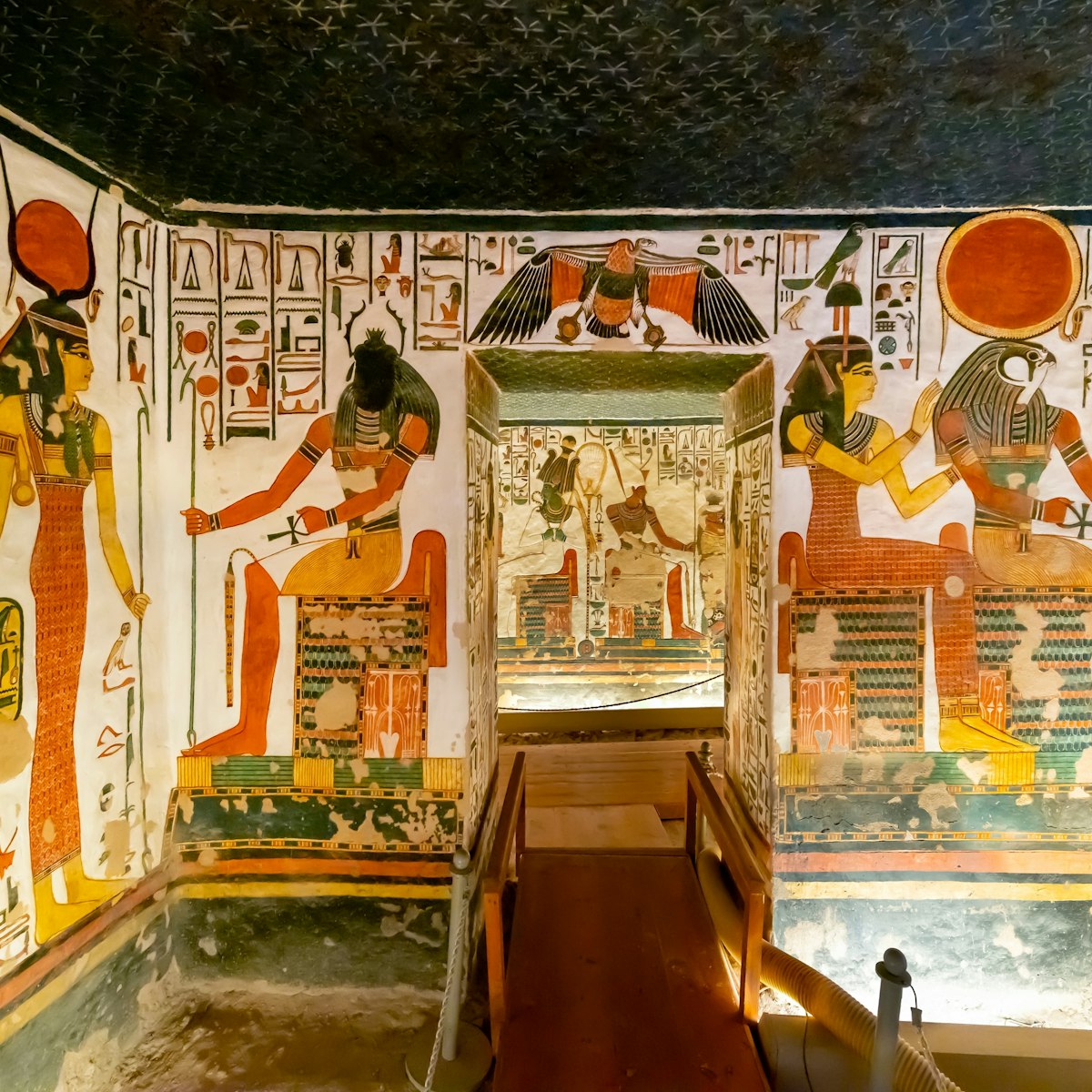 Interior view of the lower Chambers of Tomb QV66 Queen Nefertari, with Gods Hathor, Sekhmet, and Ra Horakhty visible, in the Valley of the Queens, Luxor, Egypt.