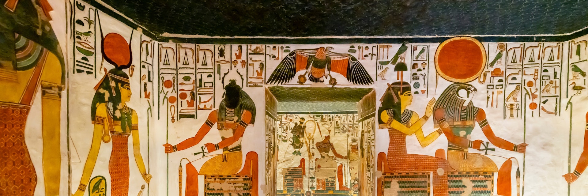 Interior view of the lower Chambers of Tomb QV66 Queen Nefertari, with Gods Hathor, Sekhmet, and Ra Horakhty visible, in the Valley of the Queens, Luxor, Egypt.