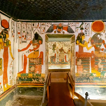Interior view of the lower Chambers of Tomb QV66 Queen Nefertari, with Gods Hathor, Sekhmet, and Ra Horakhty visible, in the Valley of the Queens, Luxor, Egypt.