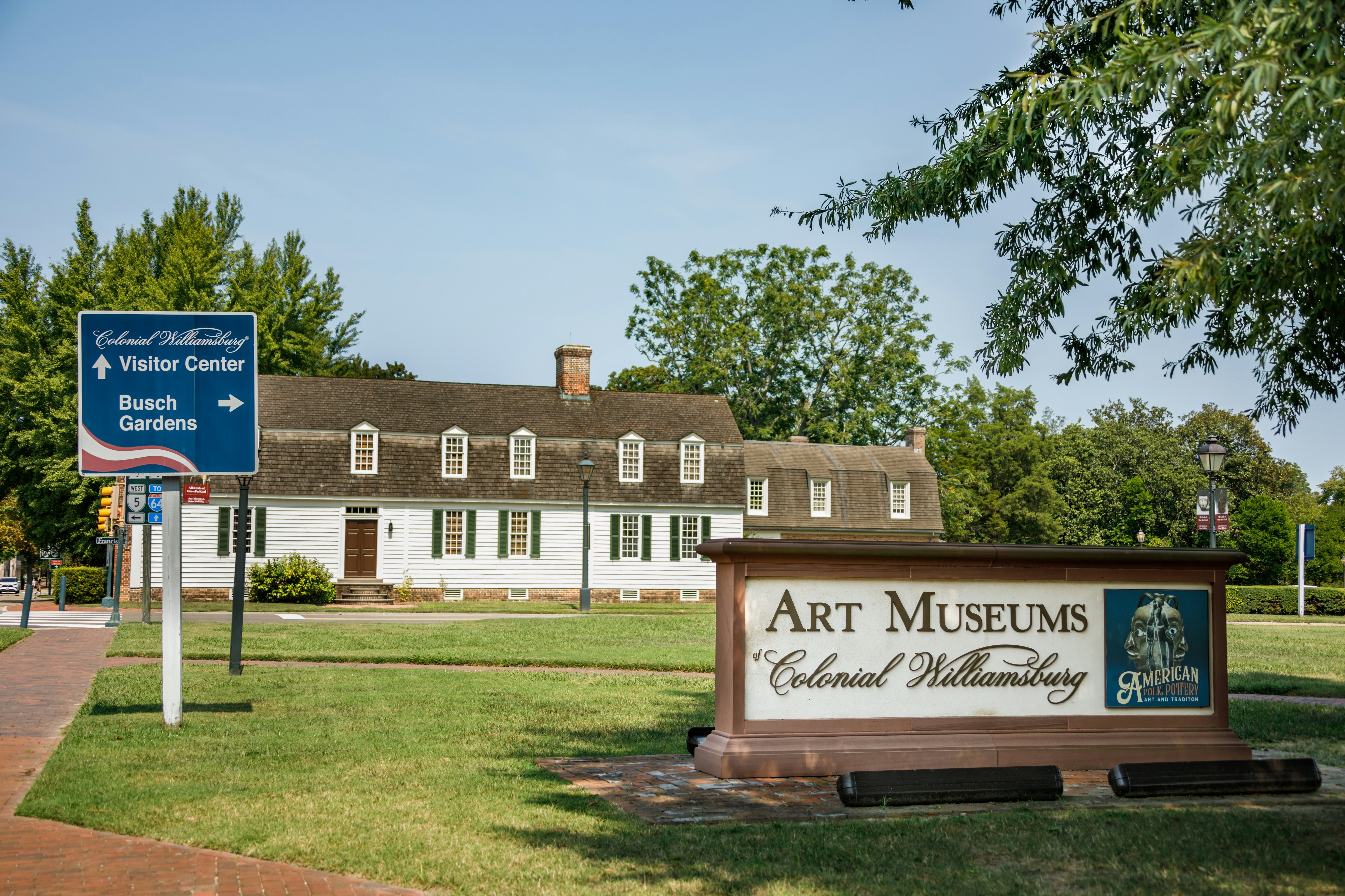 Exterior sign for the Art Museums at Colonial Williamsburg in Virginia.