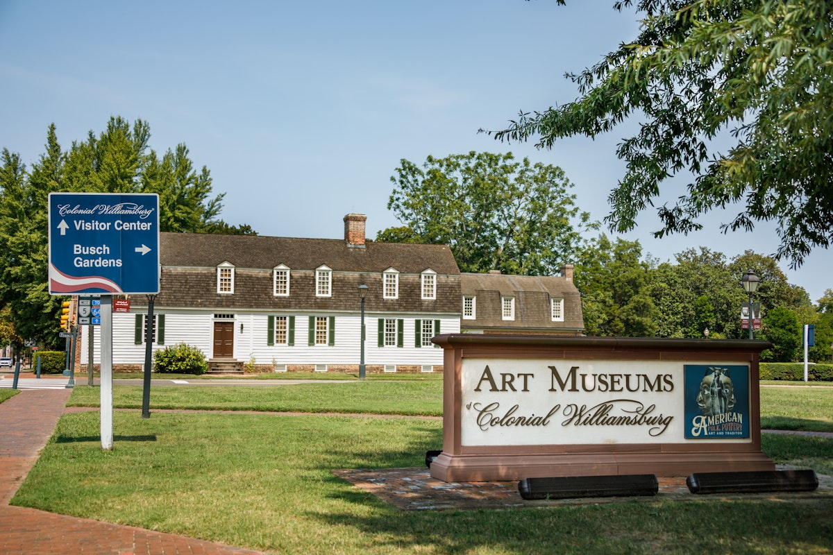 Exterior sign for the Art Museums at Colonial Williamsburg in Virginia.