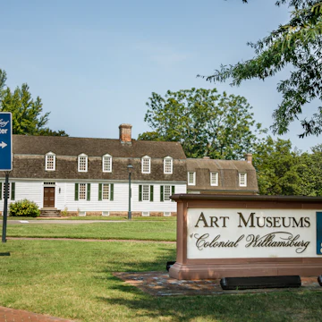 Exterior sign for the Art Museums at Colonial Williamsburg in Virginia.
