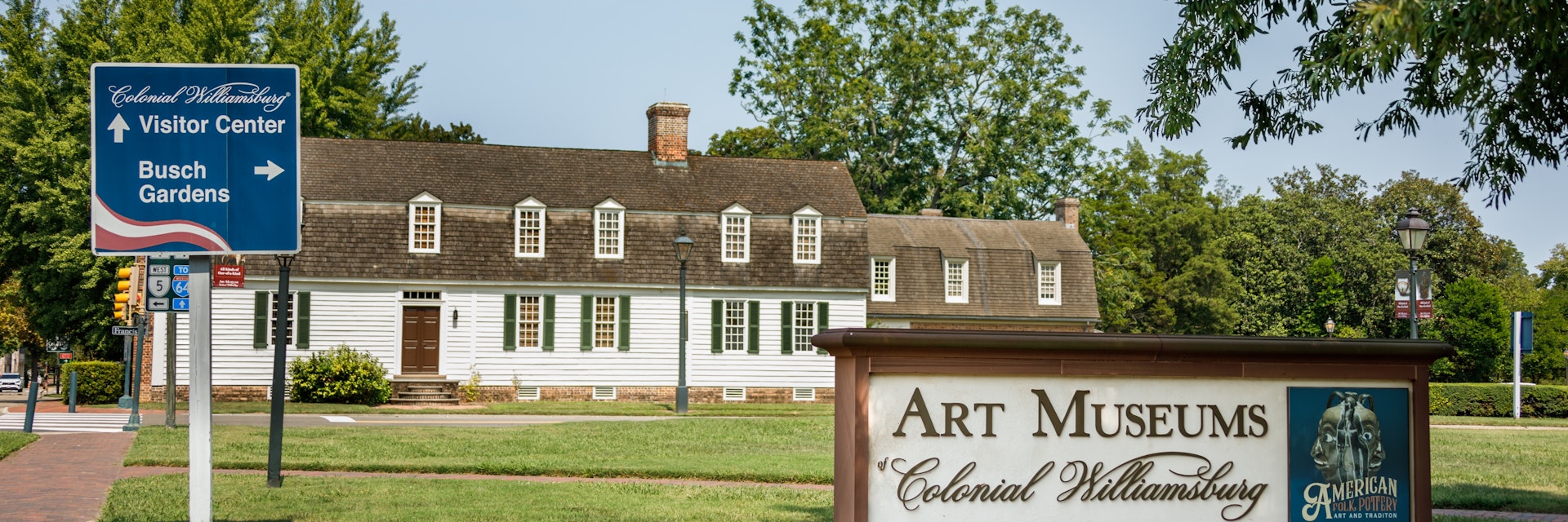 Exterior sign for the Art Museums at Colonial Williamsburg in Virginia.