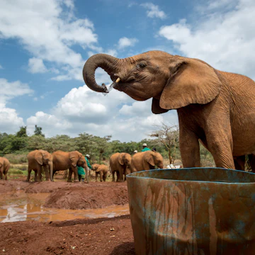 Locals and tourists enjoying the Sheldrick Trust Elephant Orphans Project on a cloudy day in Nairobi, Kenya.
