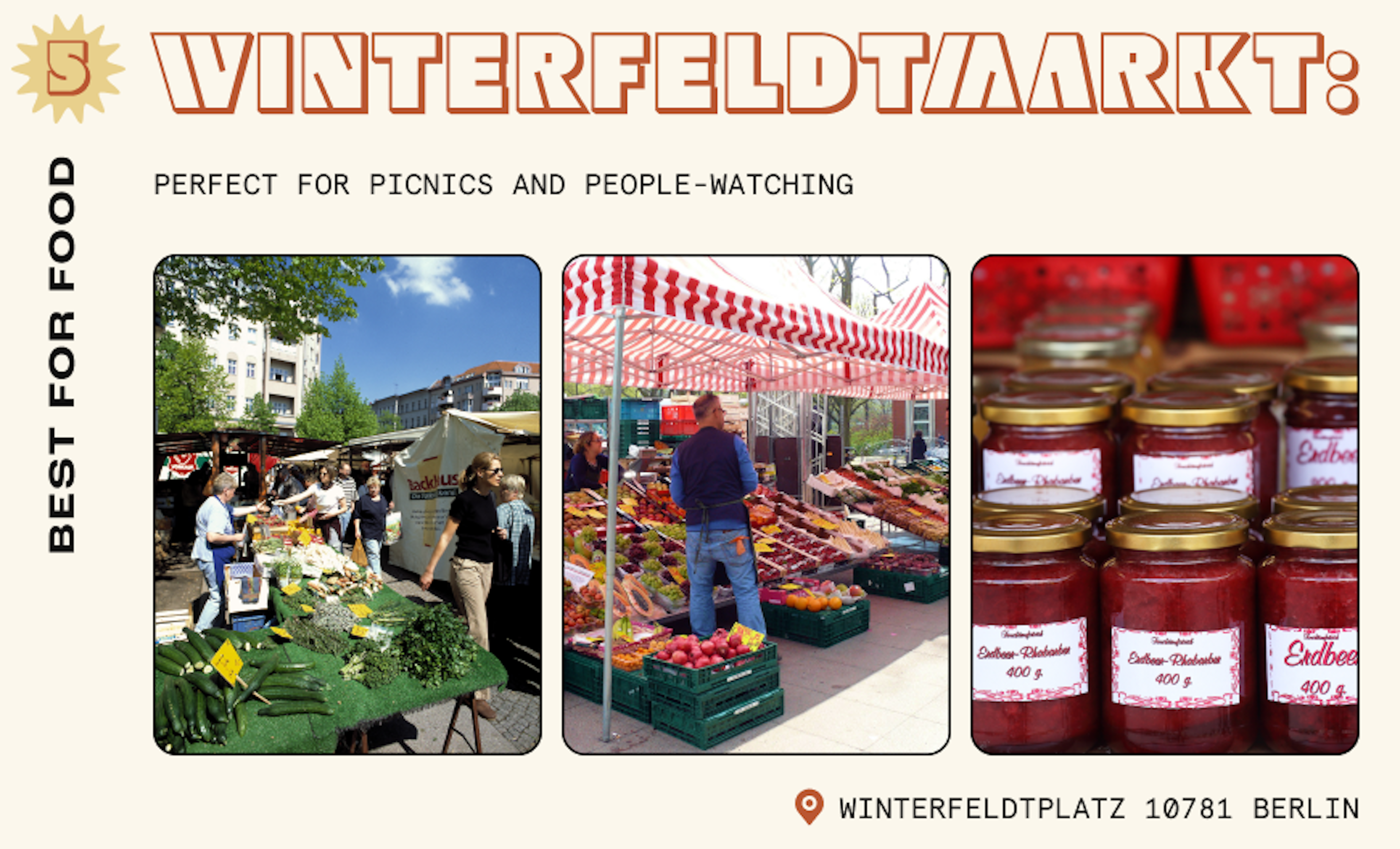 Outdoor food market with fresh fruit and veg stalls and homemade preserves in Berlin