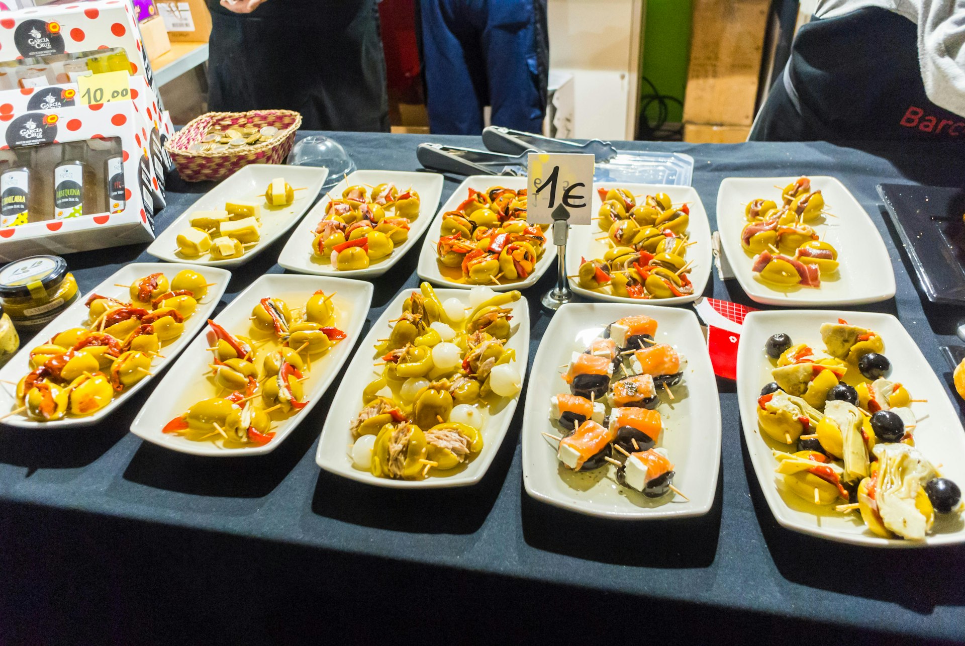 Tapas on display at the Street Food Festival, "Mercat de Mercats", at the Barri Gotic neighborhood.