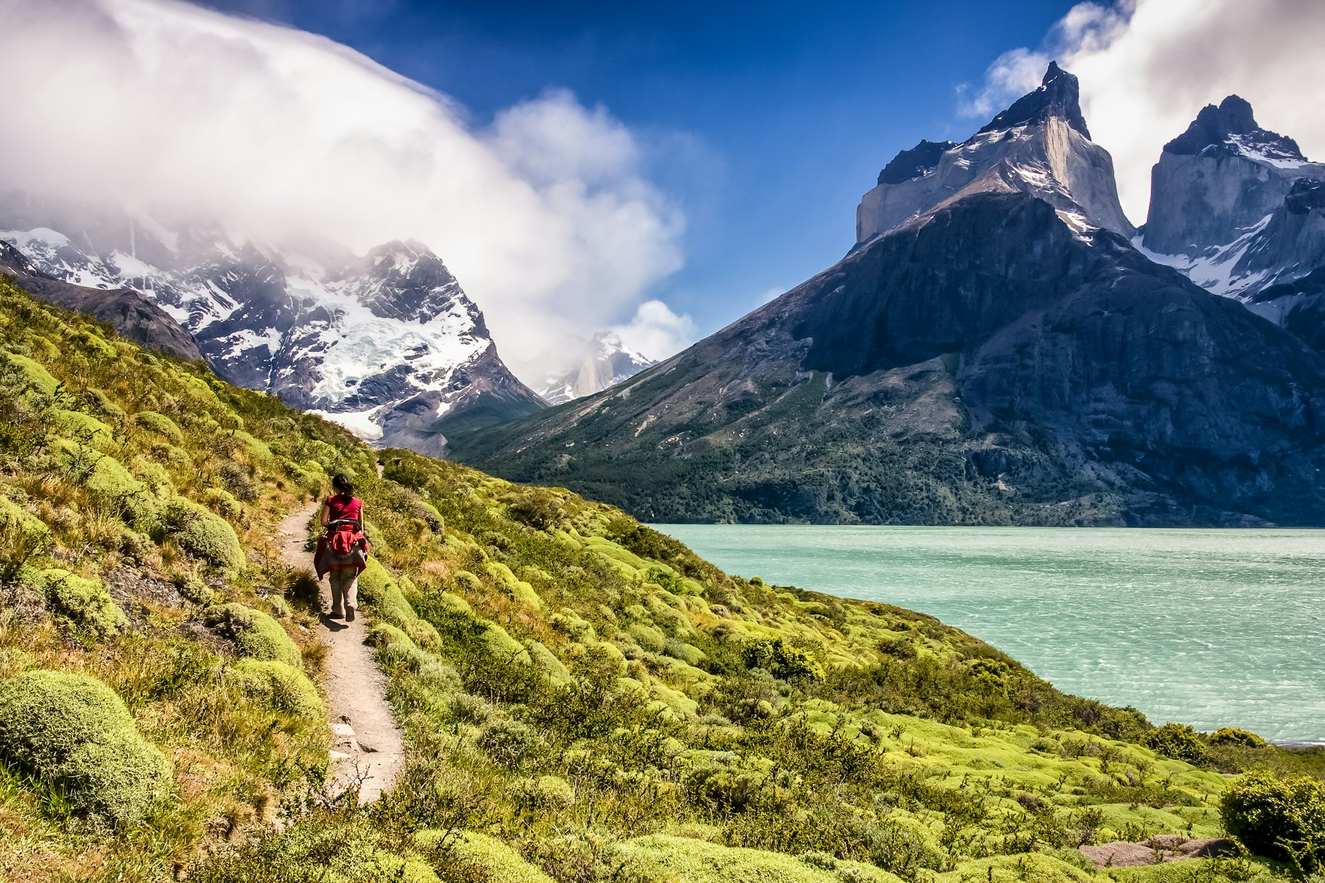 Woman hiking in Torres del Paine, Torres del Paine National Park, Magallanes Region, Chile, South America