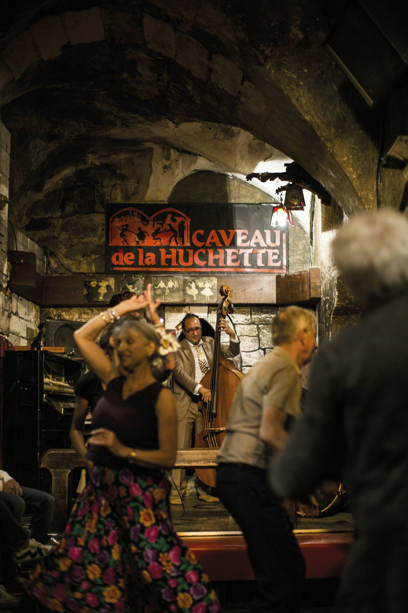 Swing dancers and a band at Caveau de la Huchette, Latin Quarter.