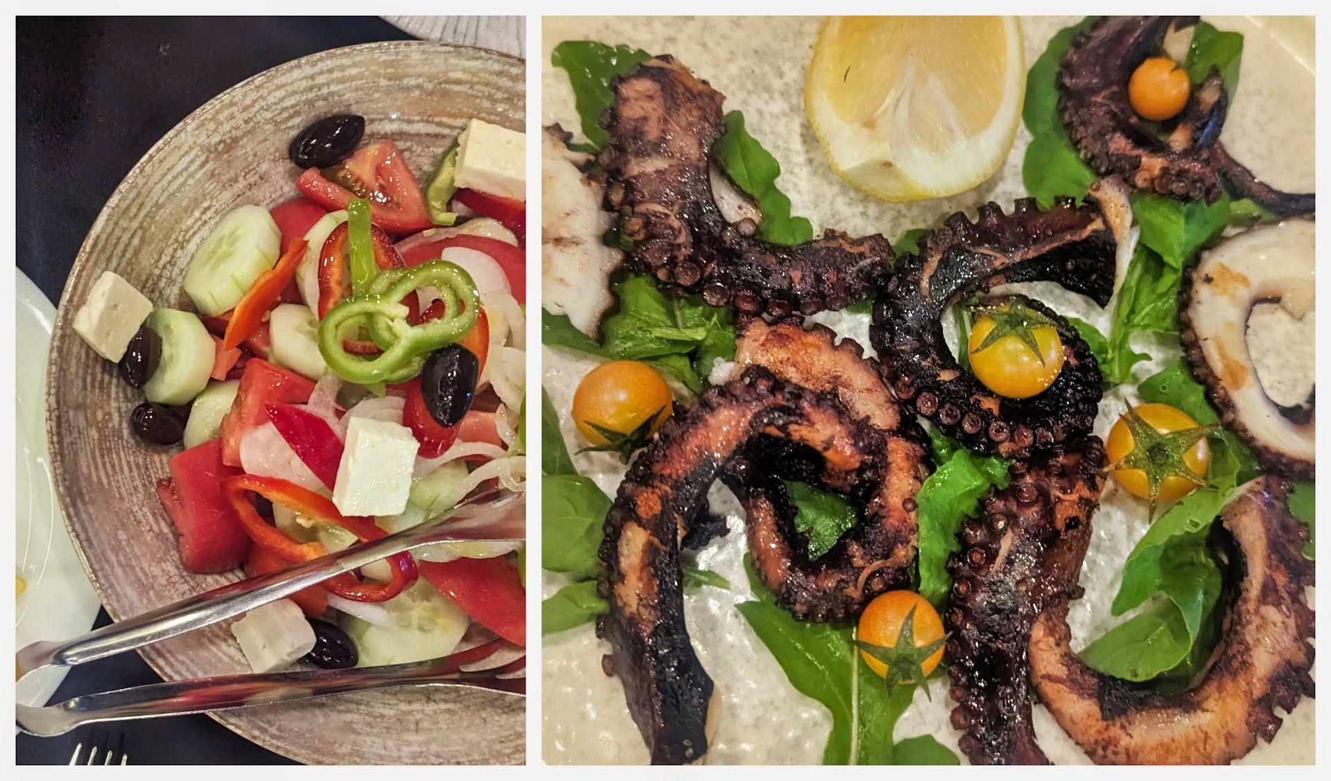 Mediterranean-style dinner featuring grilled octopus and a Greek salad