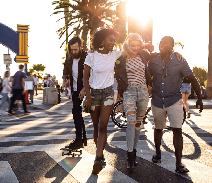 Group of friends in Santa Monica - Los Angeles - Have fun during a vacation
1159412306
A group of friend laughing as they walk along a street in Santa Monica together