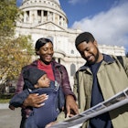 Front view of Black man and woman in mid 20s with 4 month old baby standing outside St. Paulâ€™s Cathedral and planning further sightseeing.
Front view of Black man and woman in mid 20s with 4 month old baby standing outside St. Paul’s Cathedral and planning further sightseeing.
1443819126
Two parents and their baby on holiday in London with St Paul's Cathedral in the background