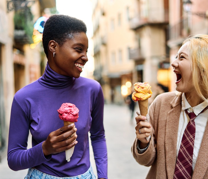 Multiethnic tourists having fun while eating an ice cream in the street in Barcelona
1459057586
asiatic, having fun, laugh, vacation, expressions, together, weekend, cream, cone, two, friends
Two women laughing and enjoying an ice cream on a street in Barcelona