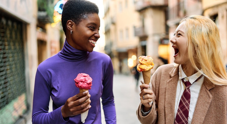 Multiethnic tourists having fun while eating an ice cream in the street in Barcelona
1459057586
asiatic, having fun, laugh, vacation, expressions, together, weekend, cream, cone, two, friends
Two women laughing and enjoying an ice cream on a street in Barcelona