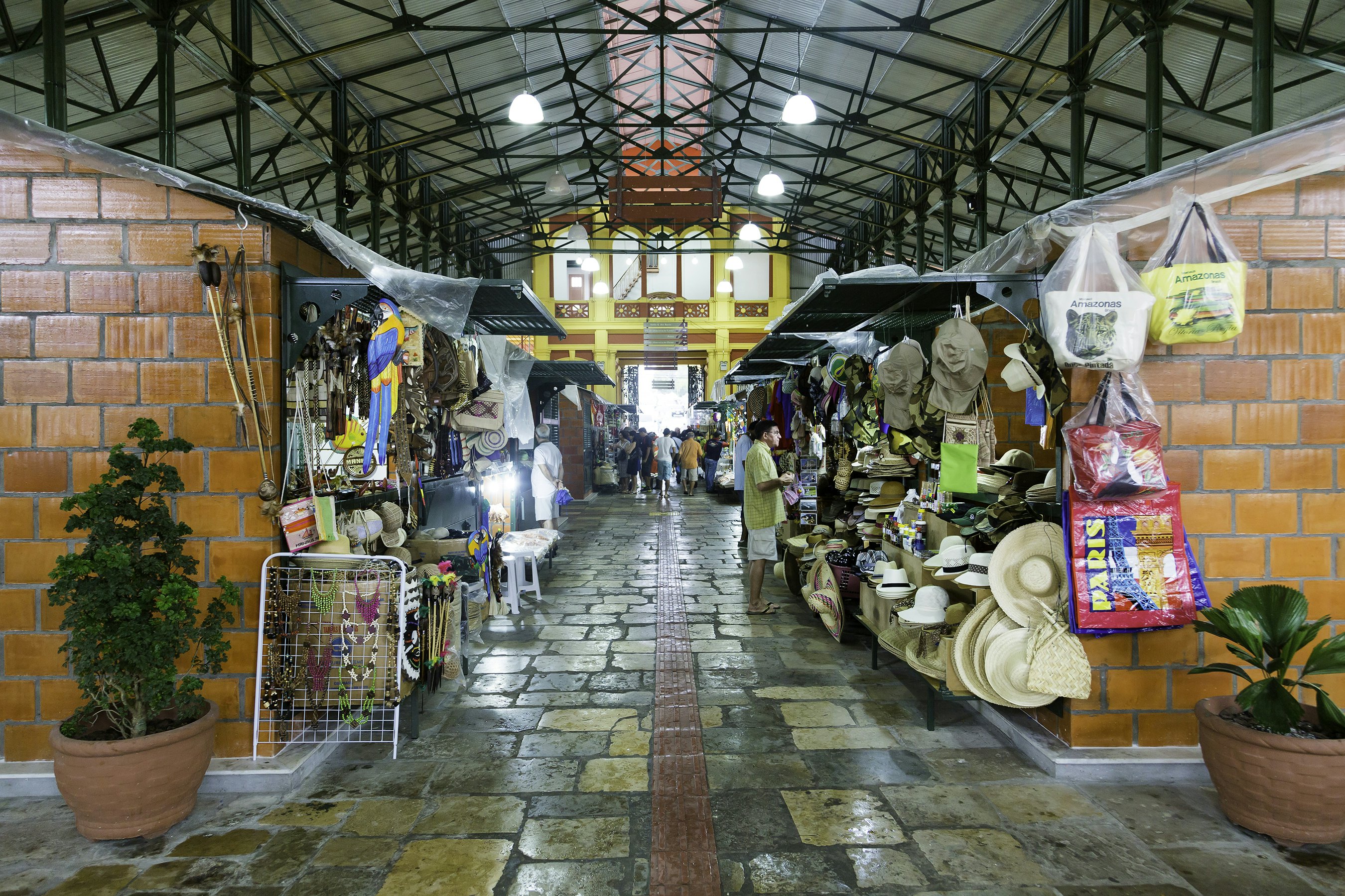 People and stalls inside the Mercado Municipal Adolfo Lisboa in Manaus, Brazil