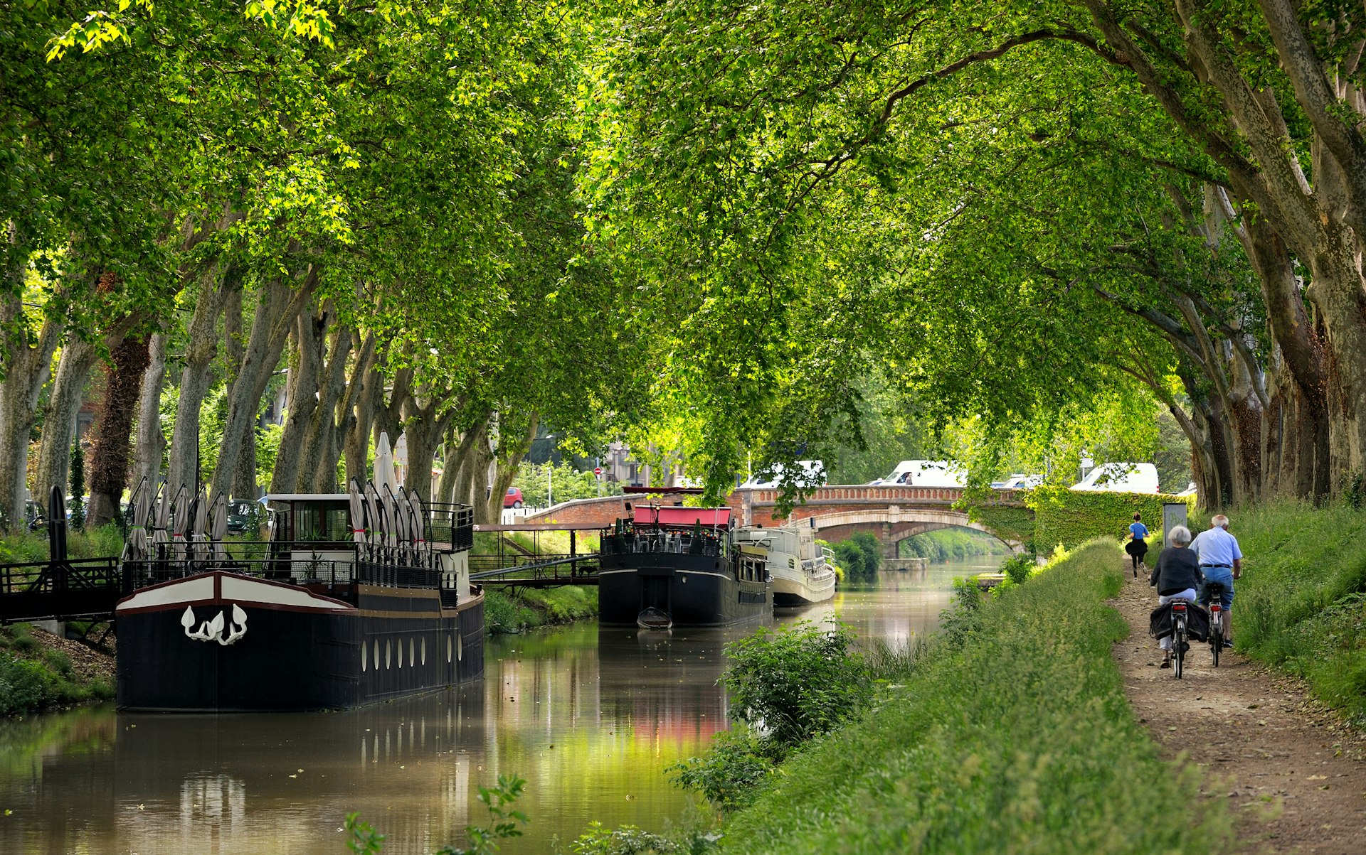 People cycle and walk along a canal tow path, with several boats and a lot of greenery