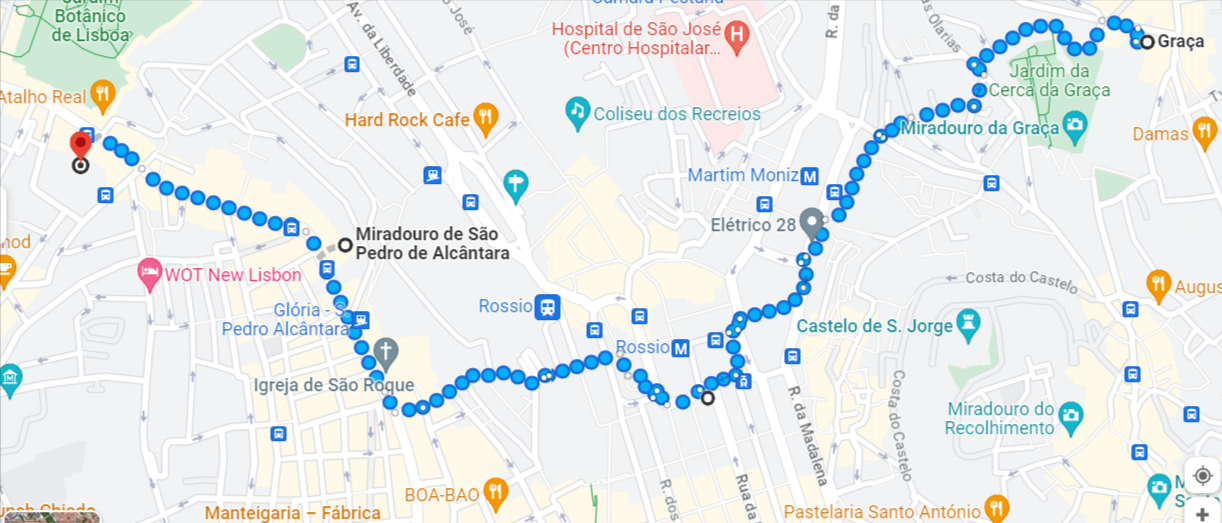 Google Map walking route of Lisbon
