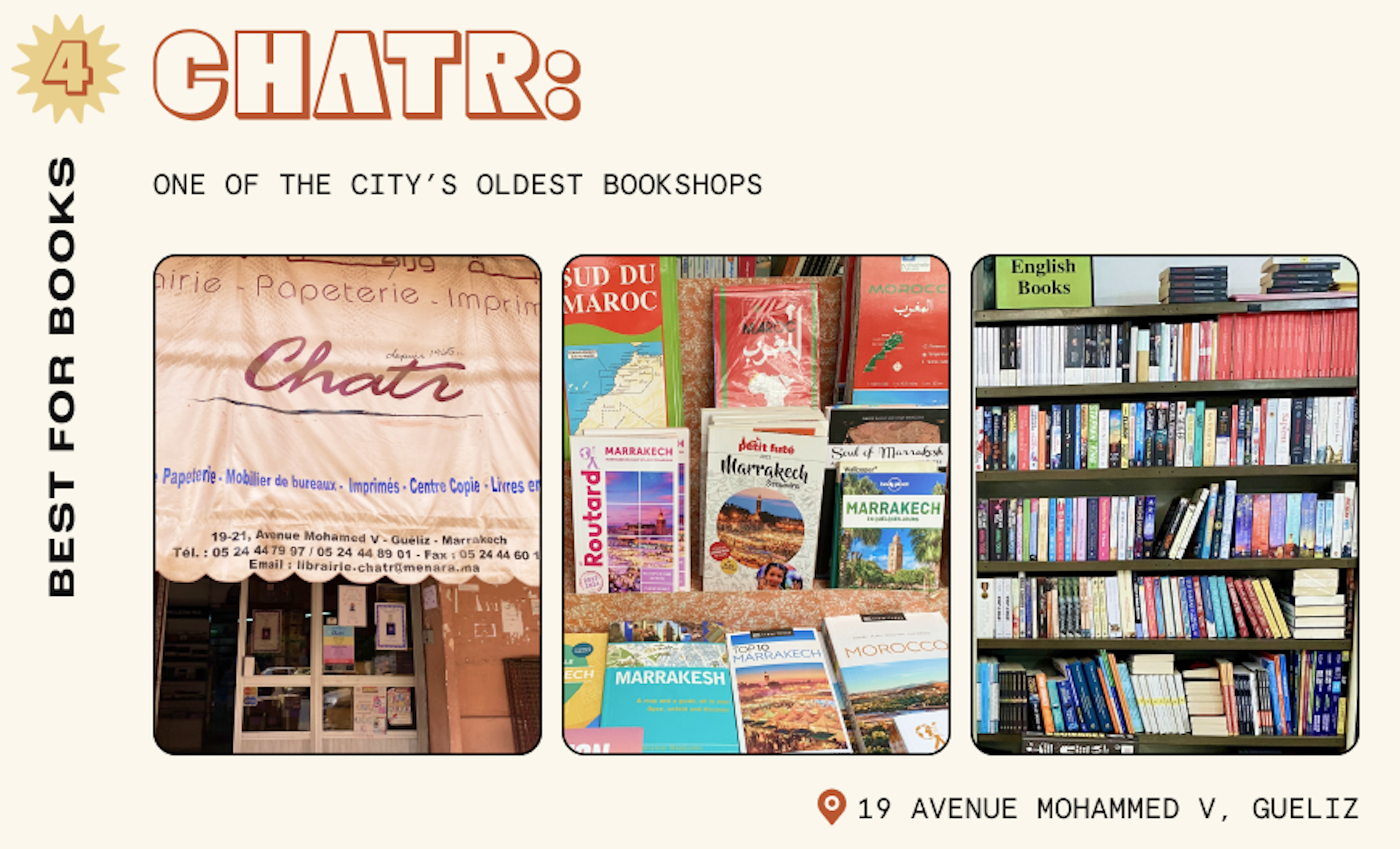 Travel guides and English literature on display in a Marrakesh bookstore