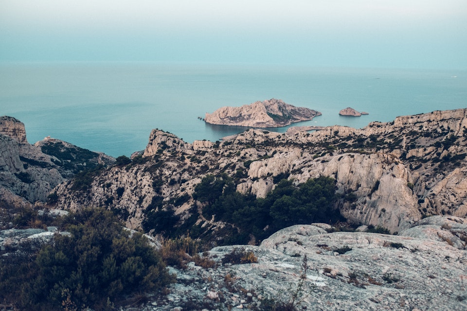 Calanques National Park at dawn, view over the city of Marseille.