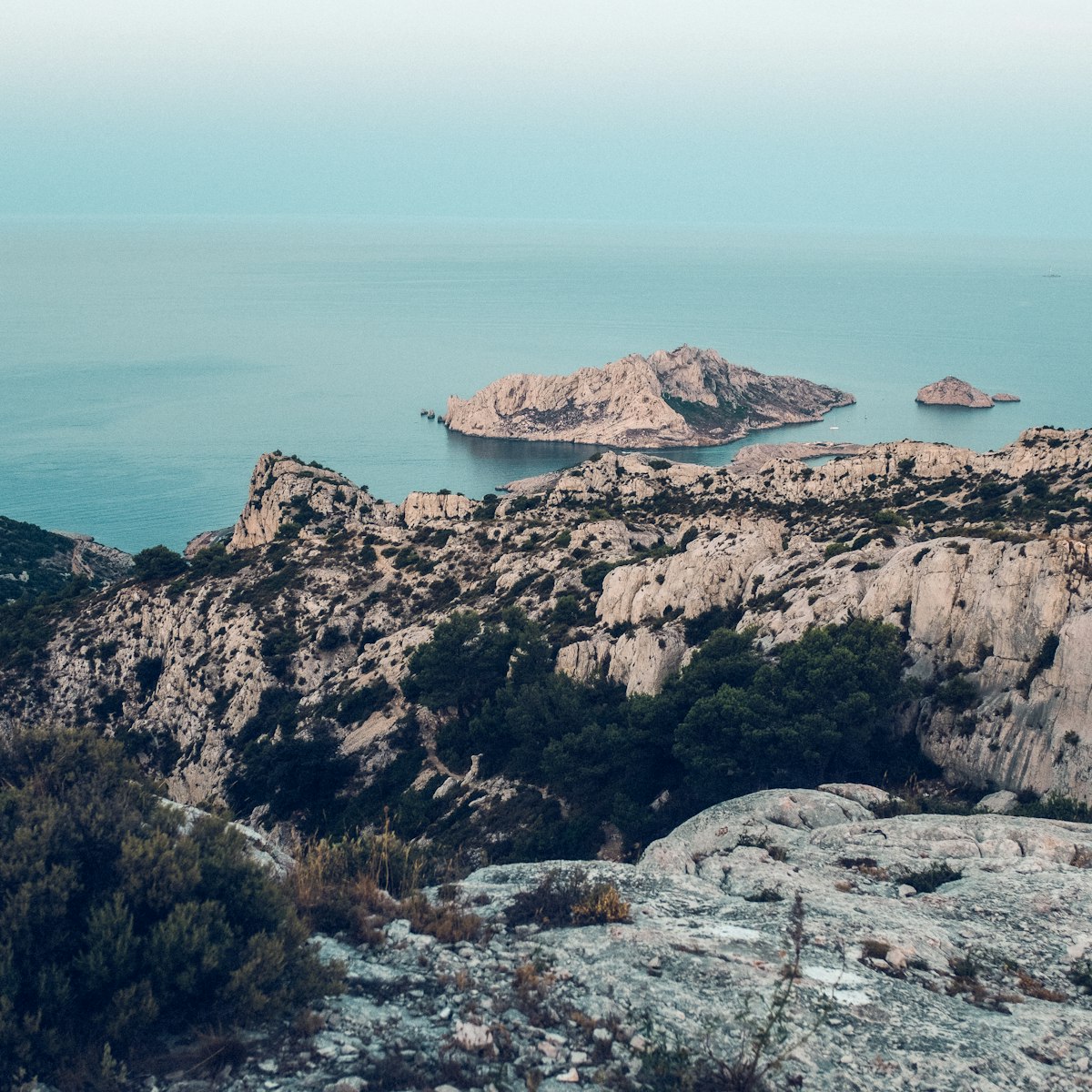 Calanques National Park at dawn, view over the city of Marseille.