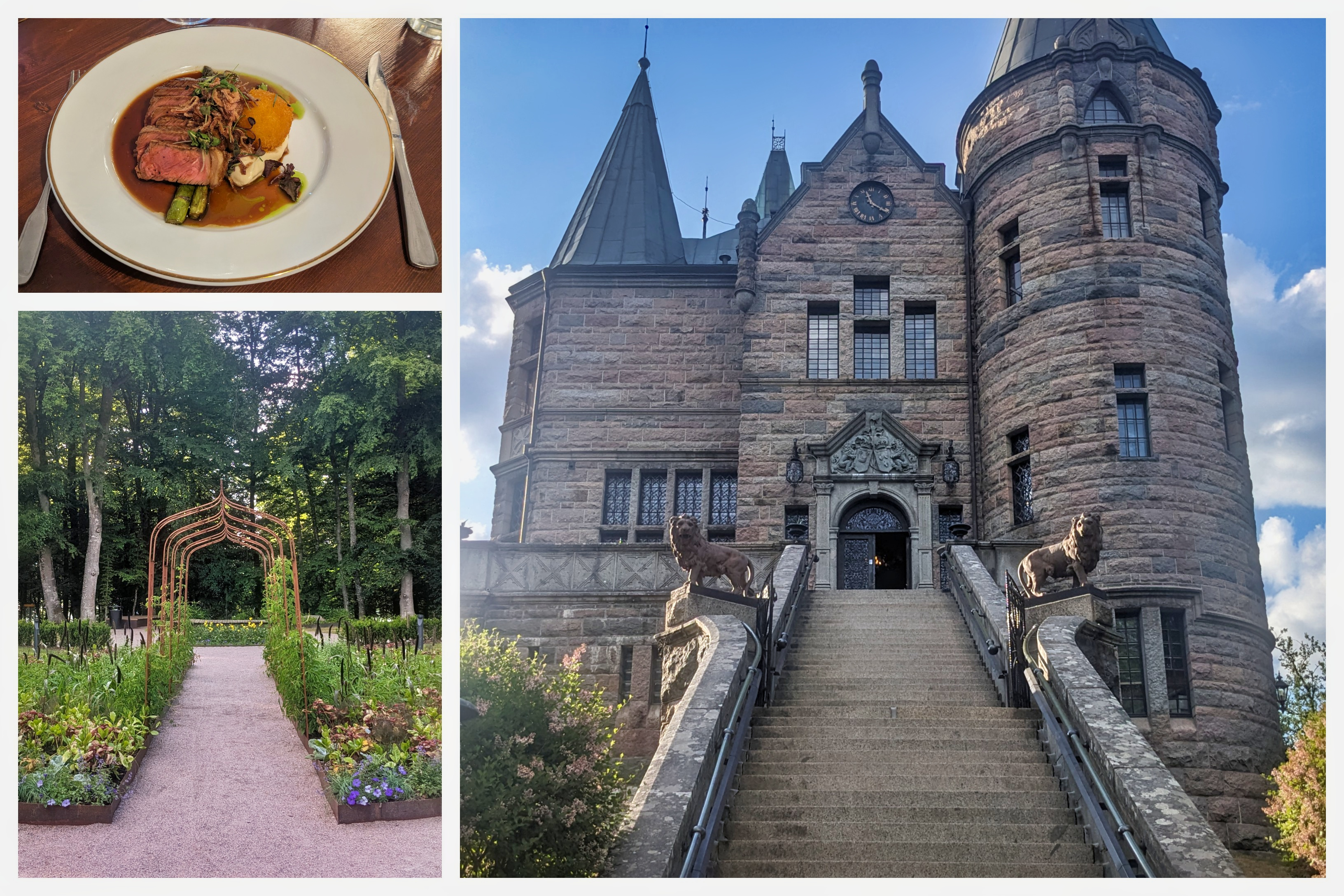 A photo collage of dinner, the entrance hall and the exterior of Teleborg Castle