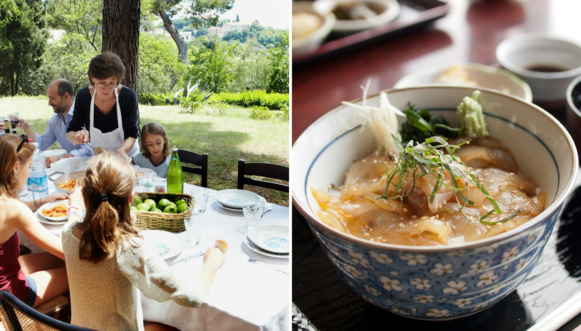 A family eats at a table in Italy; a bowl of soup in Tohoku.