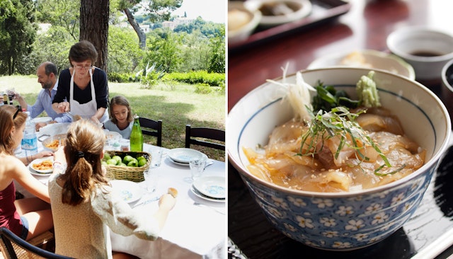 A family eats at a table in Italy; a bowl of soup in Tohoku.