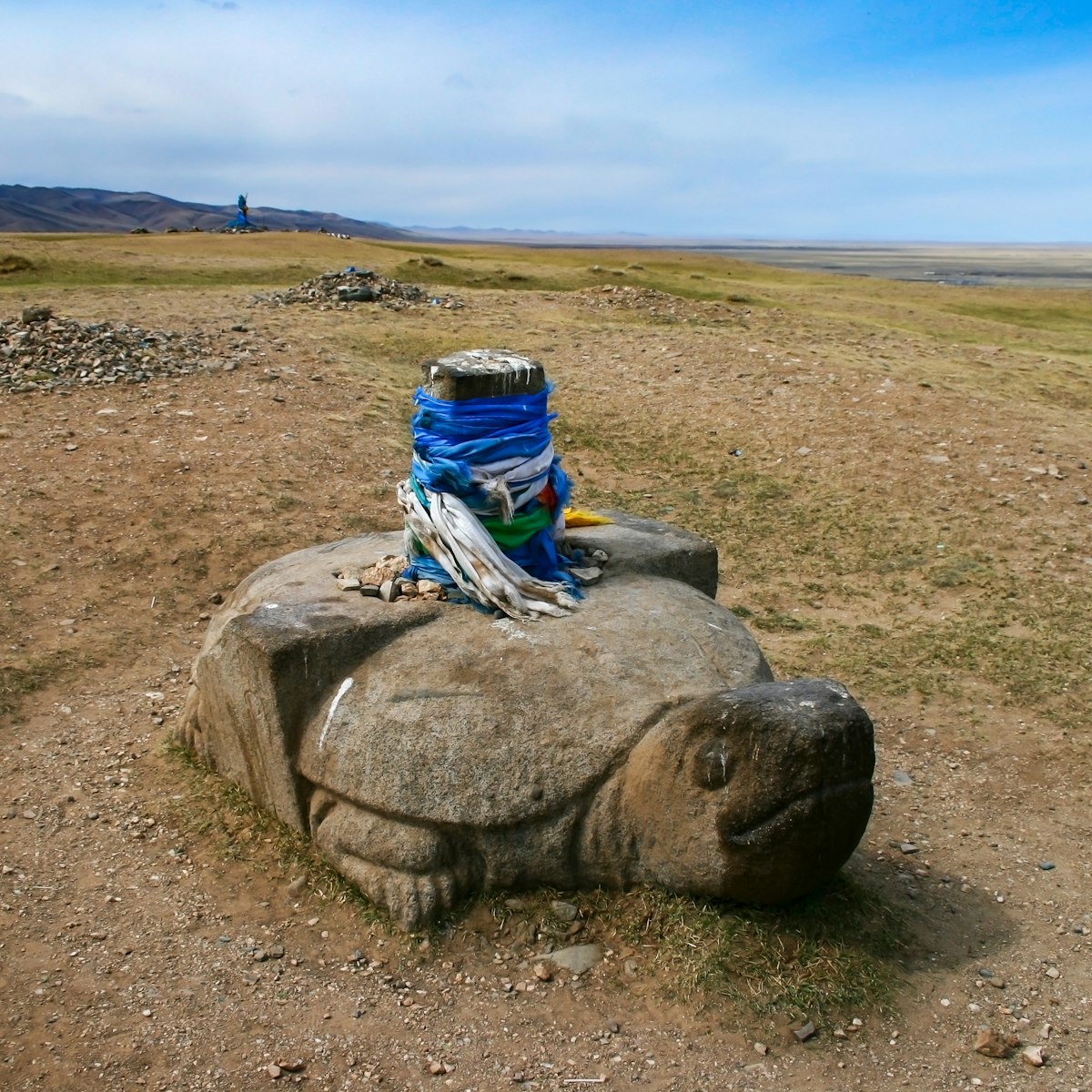 Stone turtle with sacred hadags or khadags (blue silk scarves) close to Erdene Zuu Khiid Monastery, part of the Orkhon Valley, UNESCO Cultural Landscape World Heritage Site, in Kharkhorin or Karakorum, Ovorkhangai Province, Central Mongolia
1187913457
erdene zuu, hadags, karakorum, khadags, kharkhorin, buddhist, sacred, övörkhangai province, central mongolia, nobody, landmark, religious