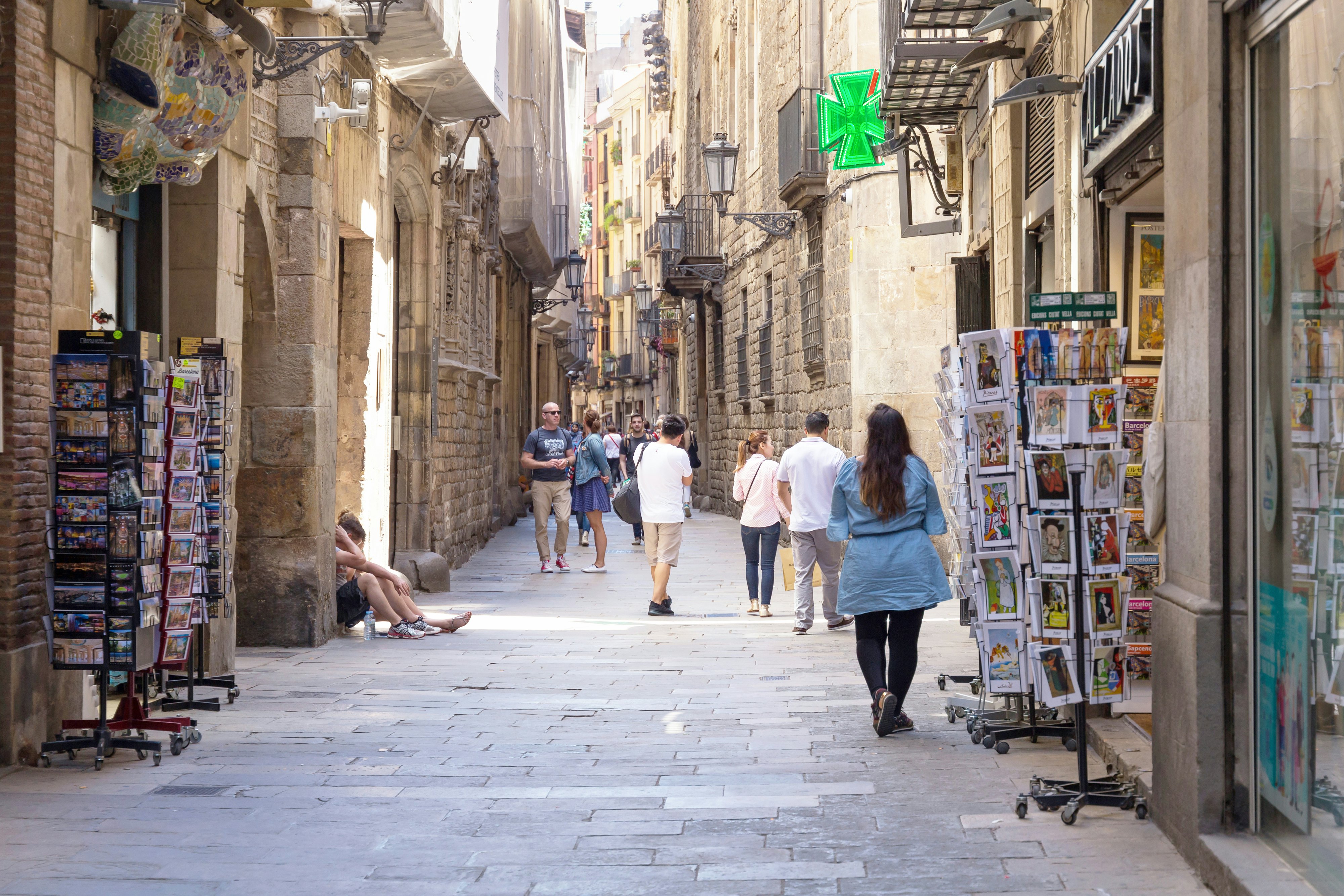 BARCELONA, SPAIN. Unknown people walking on the Carrer de Montcada street in historical part of Barcelona.