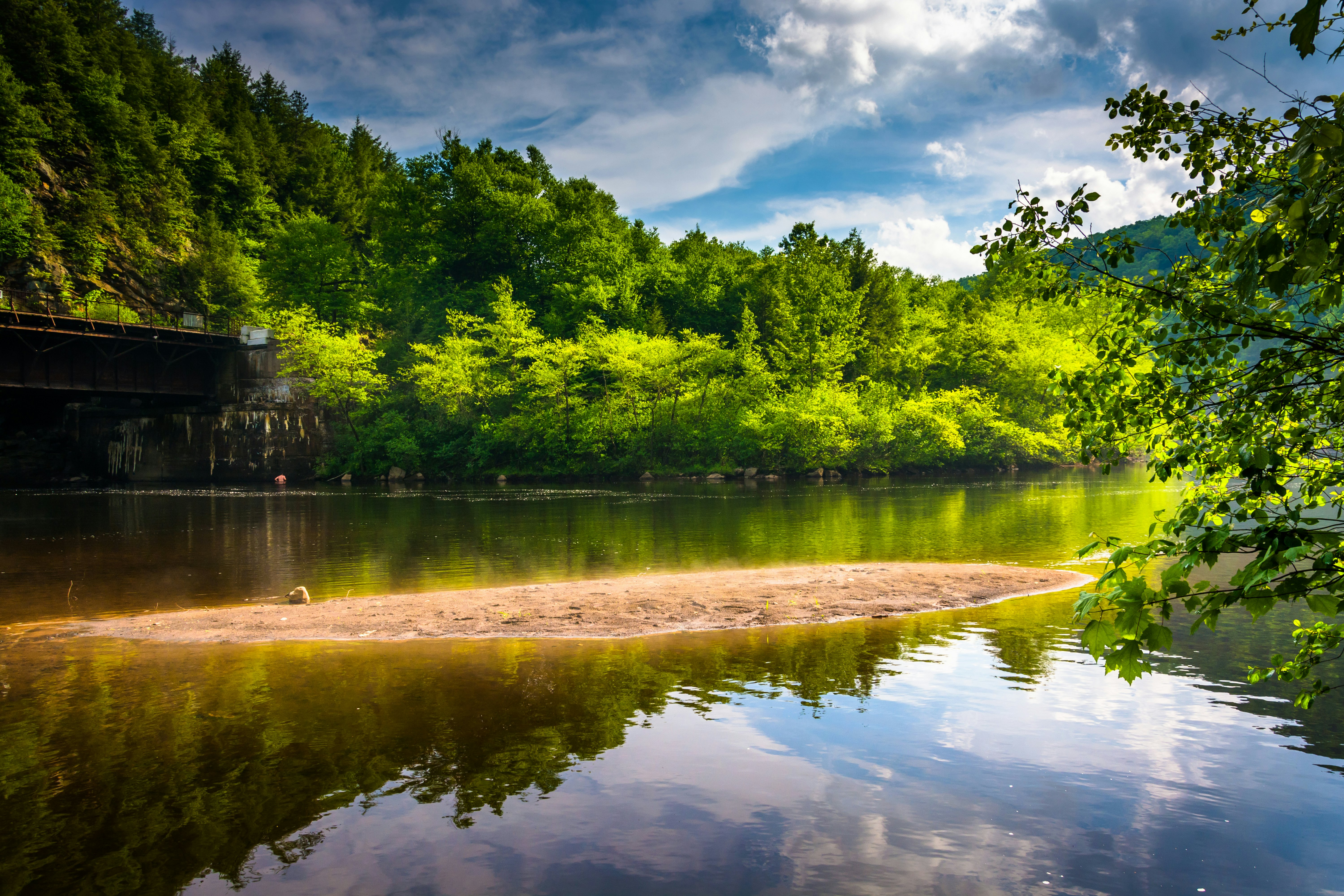 The Lehigh River, with the trees and sky reflected in the water