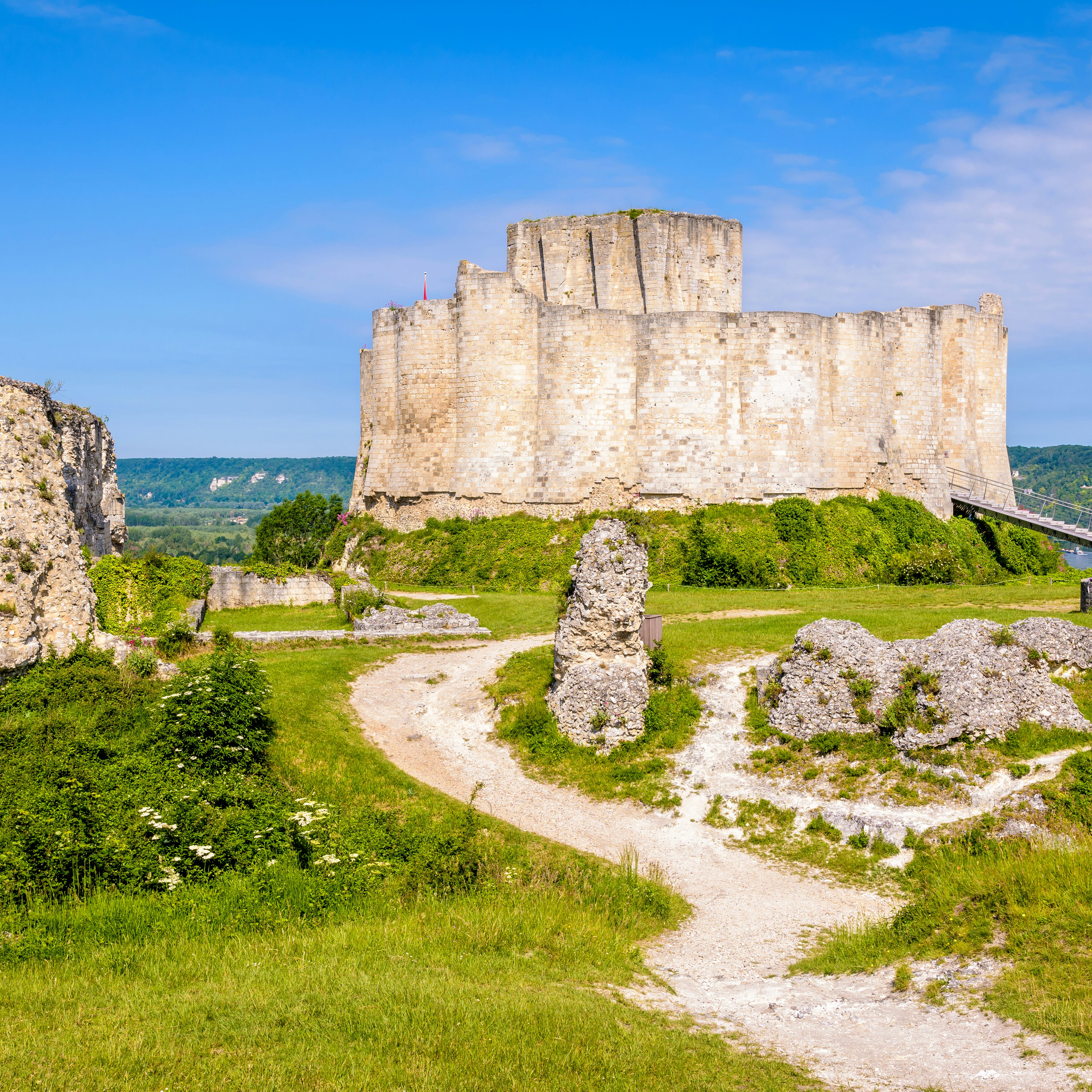 The inner wall and keep of Château-Gaillard medieval fortified castle, built in Normandy by Richard the Lionheart in the 12th century, seen from the barbican.