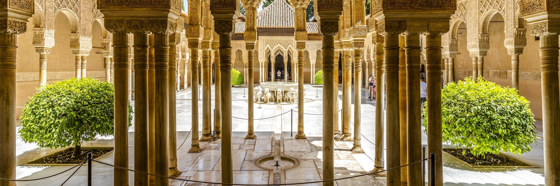 Court of the Lions is part of Nasrid Palaces of Alhambra palace complex, Granada, Spain.