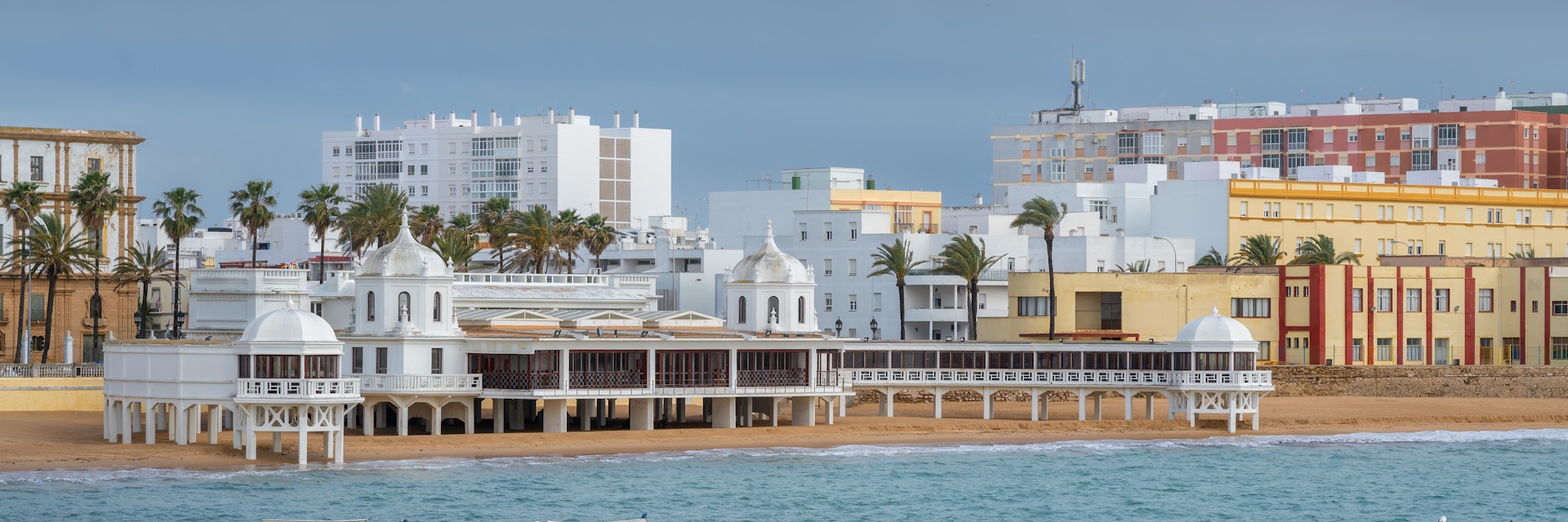 La Caleta Beach and Balneario de la Palma Building - Cadiz, Andalusia, Spain.
