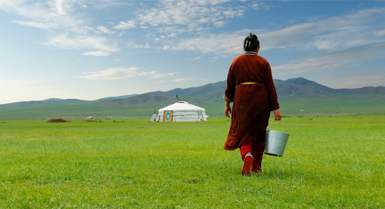 Mongolian farmer carrying bucket of milk after milking cow   in the grassland of Mongolia; Shutterstock ID 1157874577; your: Claire Naylor; gl: 65050; netsuite: Online ed; full: Mongolia best things to do
1157874577