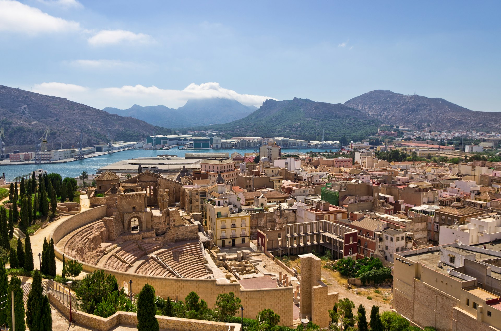 An aerial view of the Roman Theater and other buildings of Cartagena, Murcia, Spain