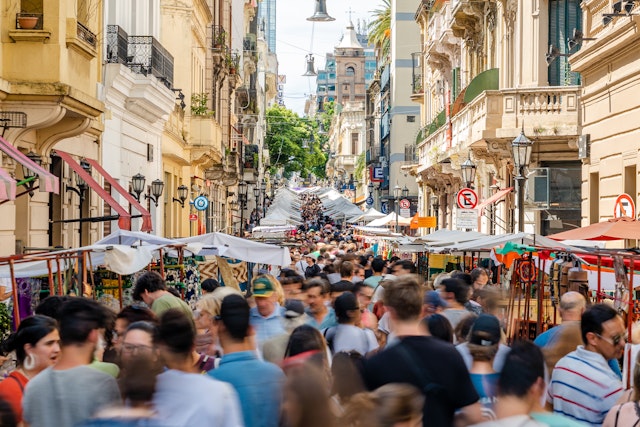 Crowds at the traditional San Telmo Market in Buenos Aires, Argentina