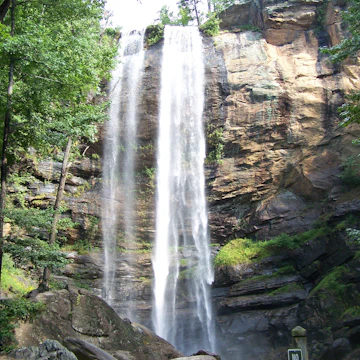 Toccoa Falls, a waterfall with a vertical drop of 186 feet, in Stephens County, Georgia.