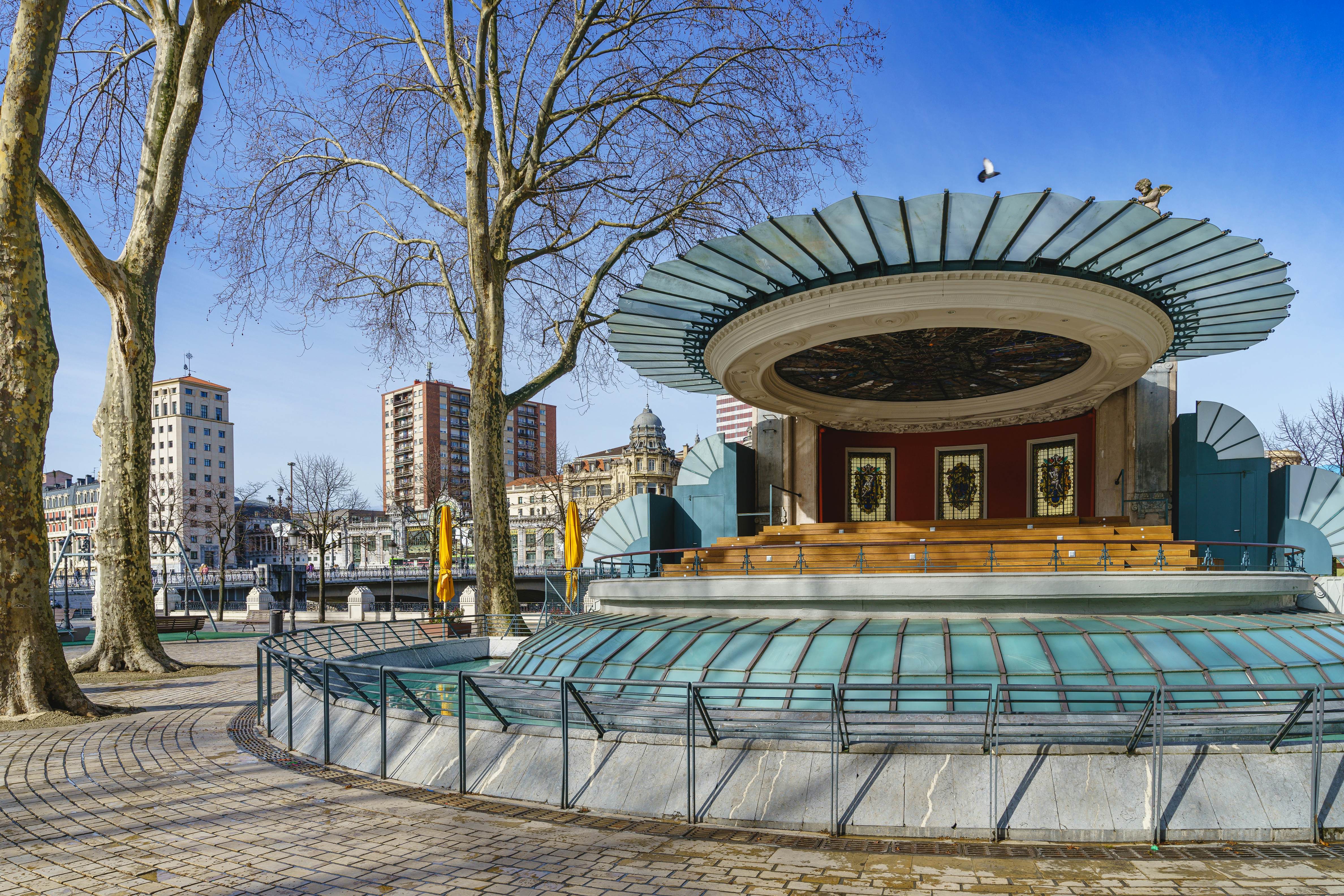 Spain, Bilbao, circular bandstand by the architect of Bermeo Pedro Ispizua in Plaza del Arenal.