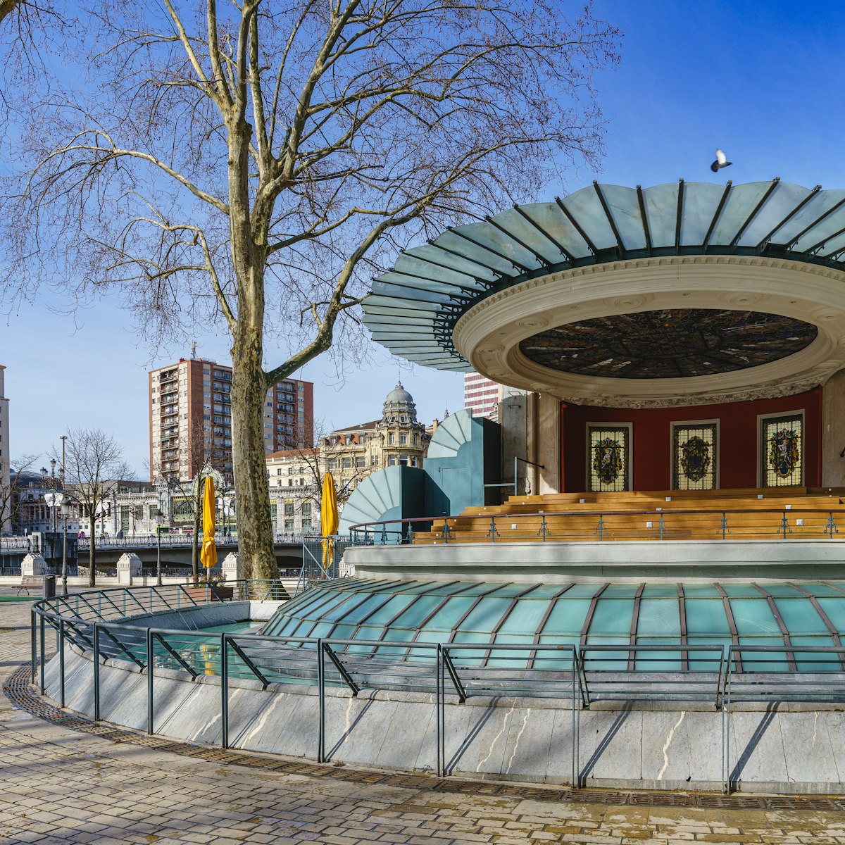Spain, Bilbao, circular bandstand by the architect of Bermeo Pedro Ispizua in Plaza del Arenal.