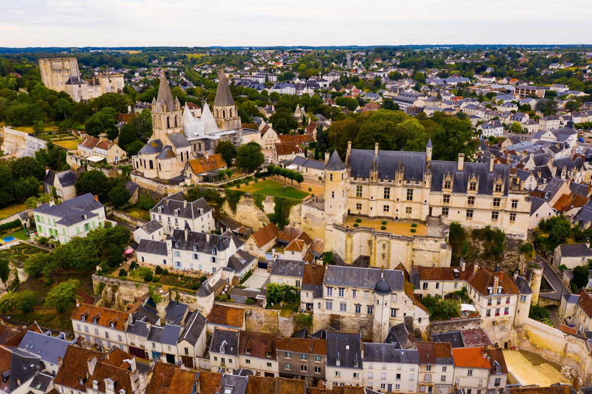 Aerial view of historic center of Loches town overlooking ancient Chateau of Anjou family with collegiate church, royal lodge and donjon.