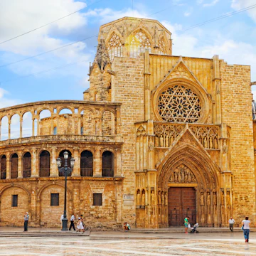 Square of Saint Mary's and Valencia Cathedral Temple in old town. Every year, Valencia (third size population city in Spain)welcomes more than 4 million visitors.