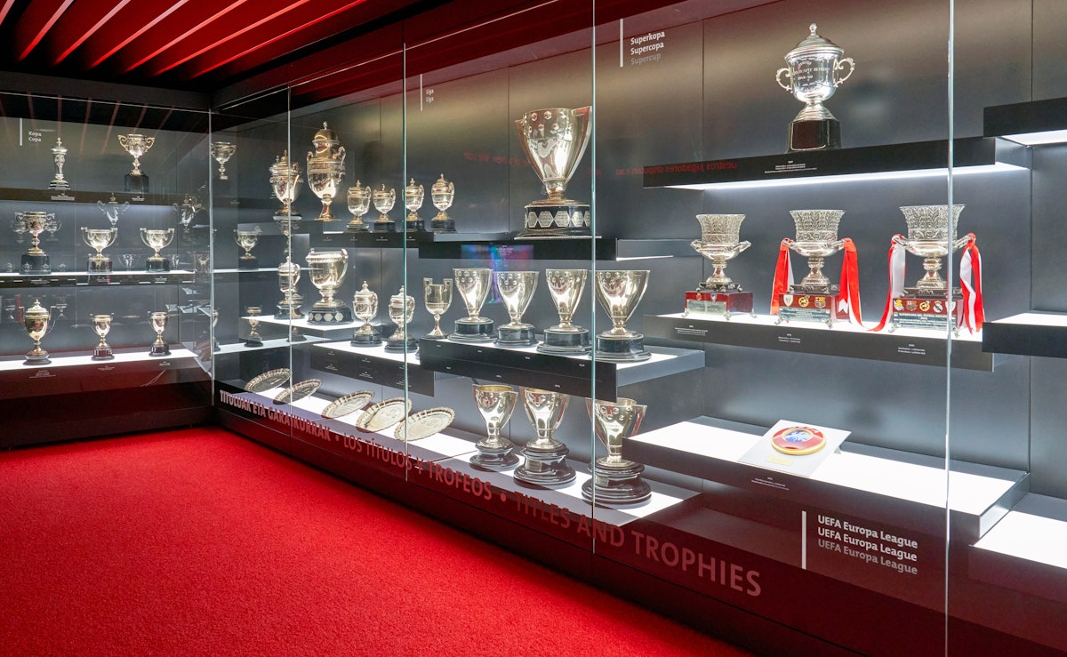 Bilbao, Spain - May 1, 2023: Club trophies at the exposition in the museum at San Mames arena - the home ground of FC Athletic.