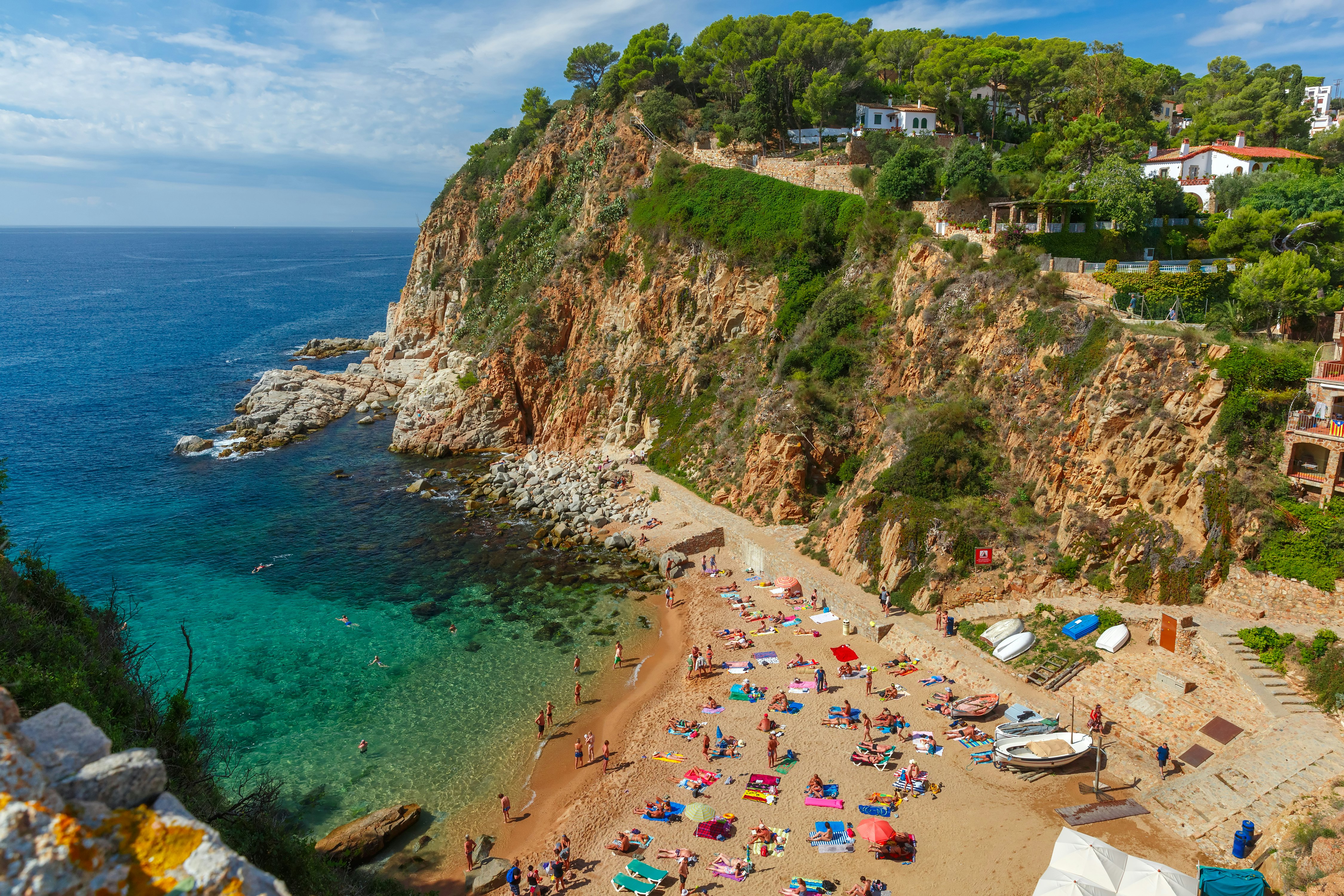 Aerial view of Beach Platja de Codolar in Tossa de Mar on the Costa Brava, Catalunya, Spain