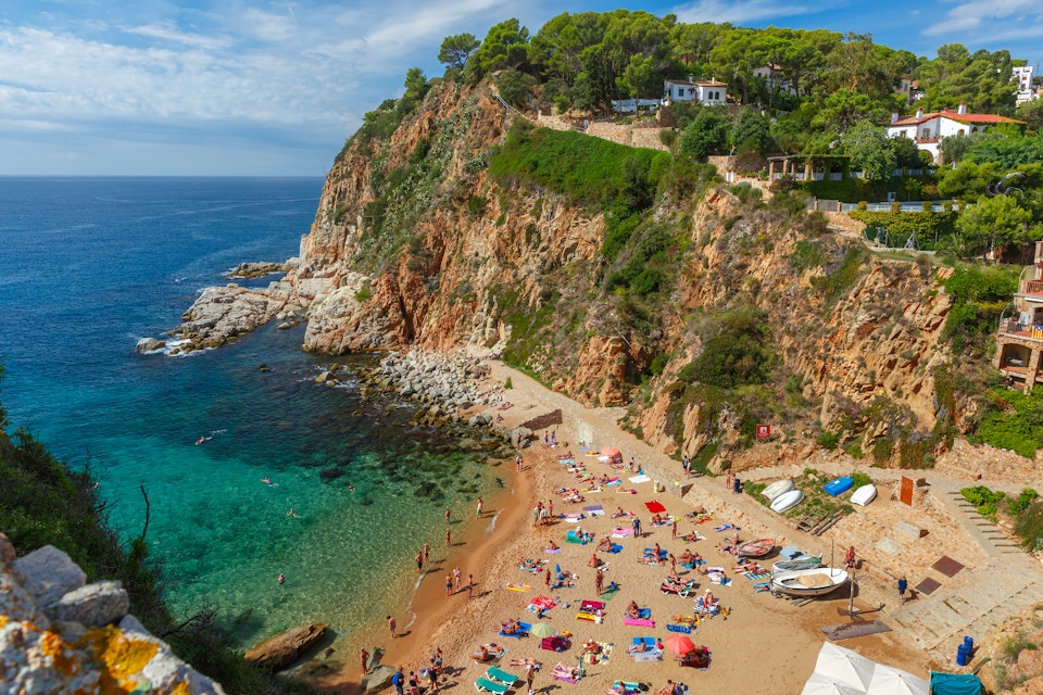 Aerial view of Beach Platja de Codolar in Tossa de Mar on the Costa Brava, Catalunya, Spain