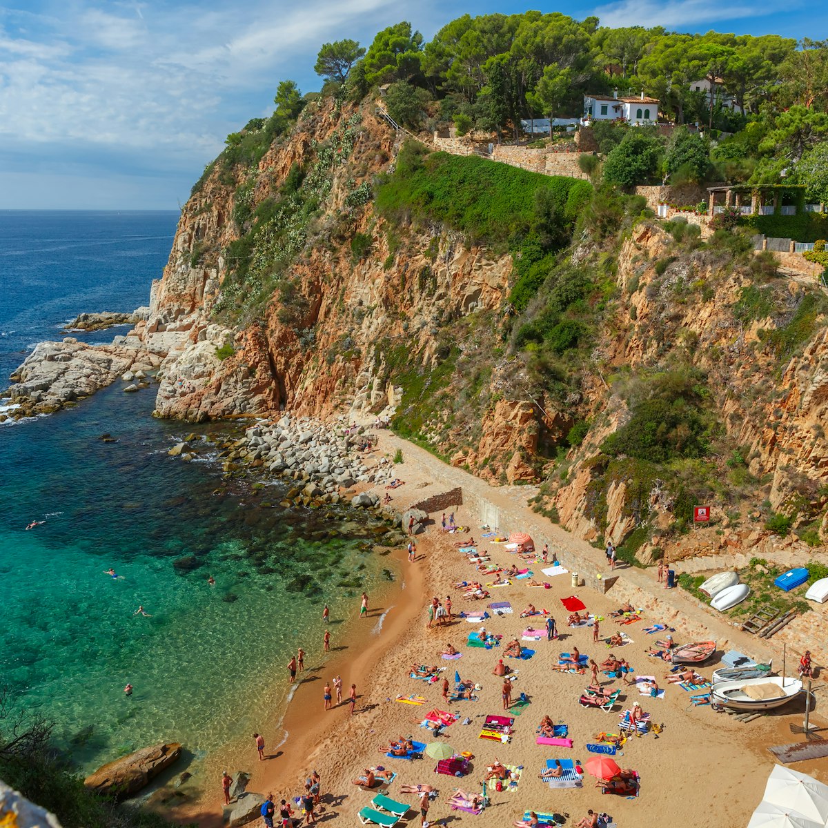 Aerial view of Beach Platja de Codolar in Tossa de Mar on the Costa Brava, Catalunya, Spain