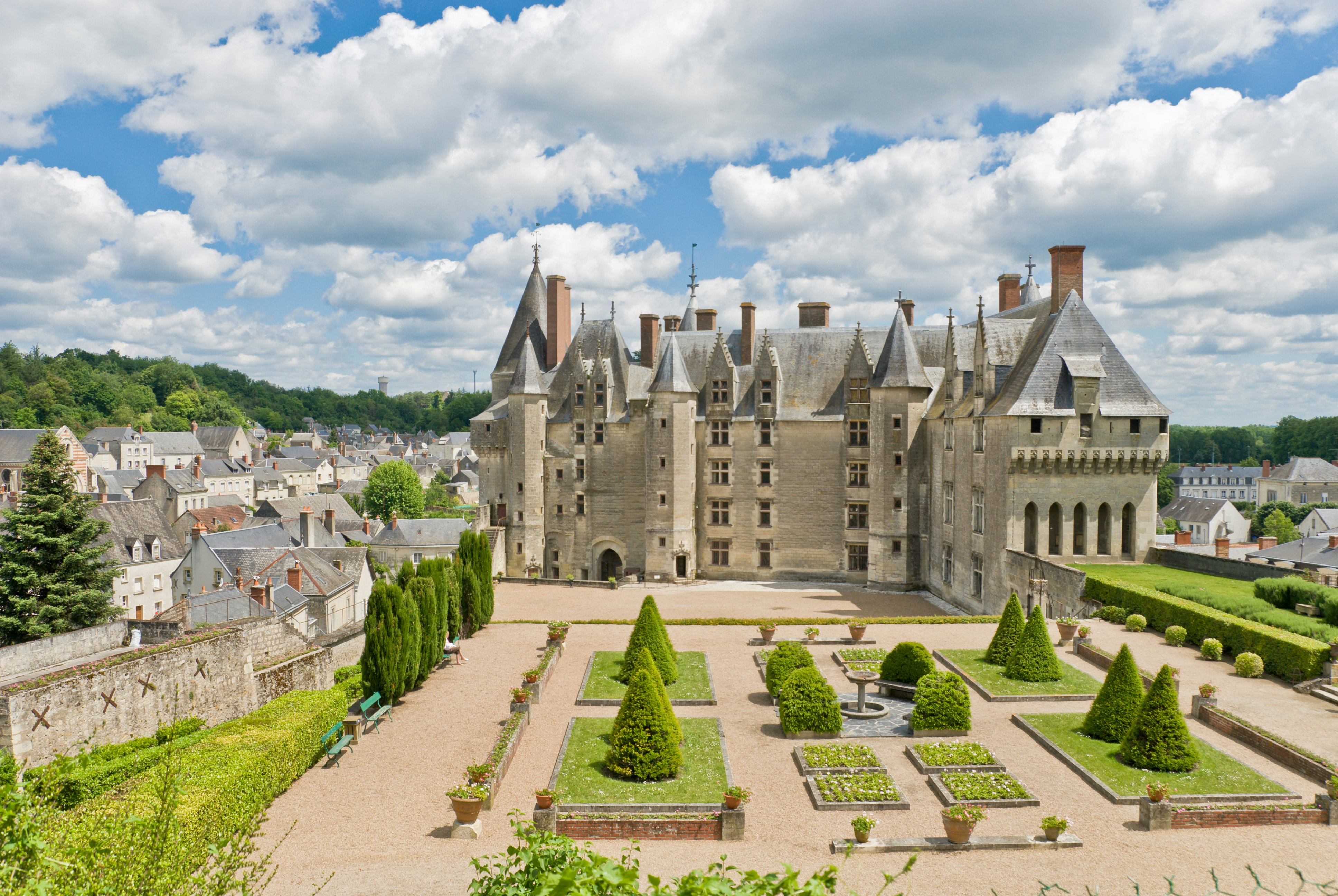 Panoramic view of the castle, garden and town Langeais, Loire Valley, France.