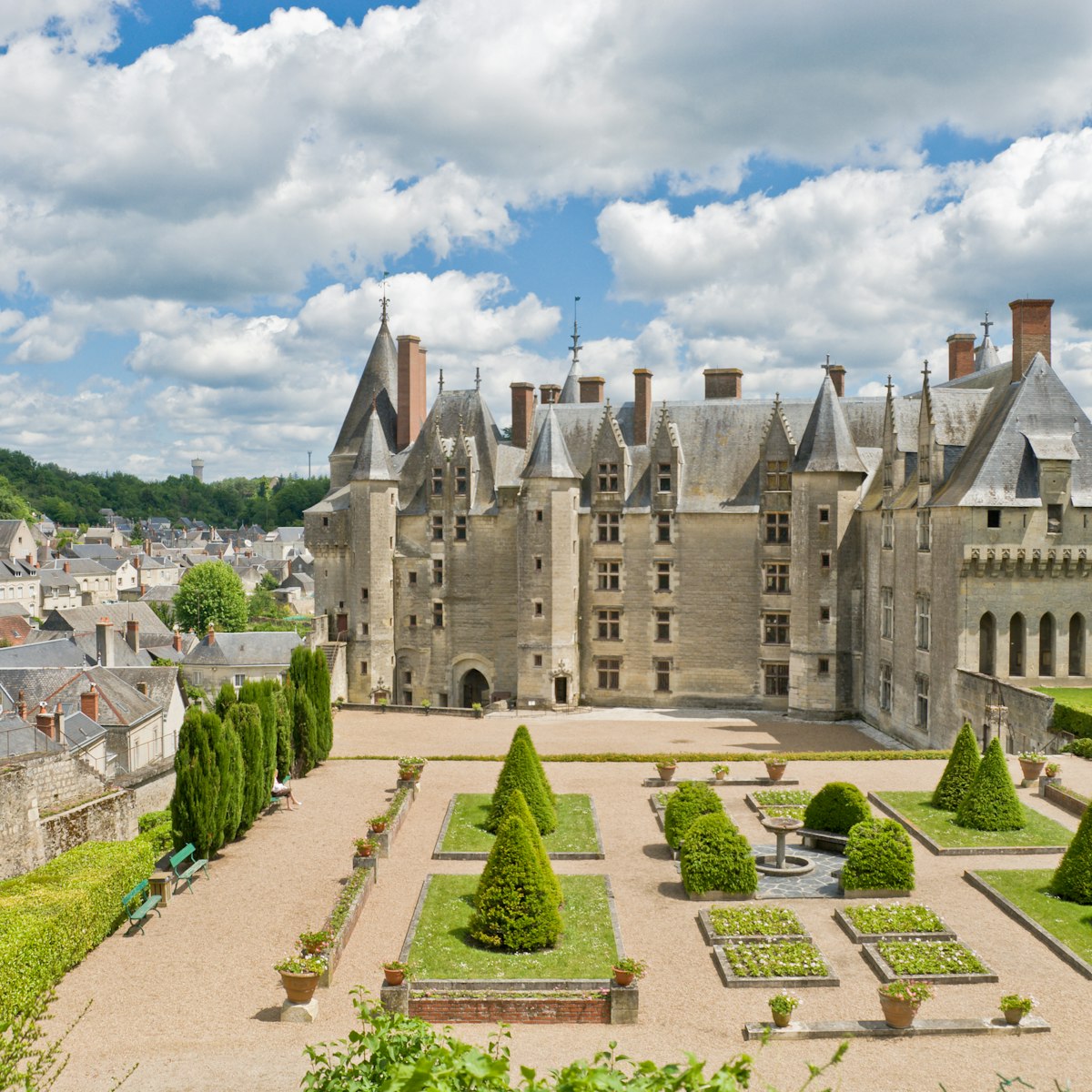 Panoramic view of the castle, garden and town Langeais, Loire Valley, France.