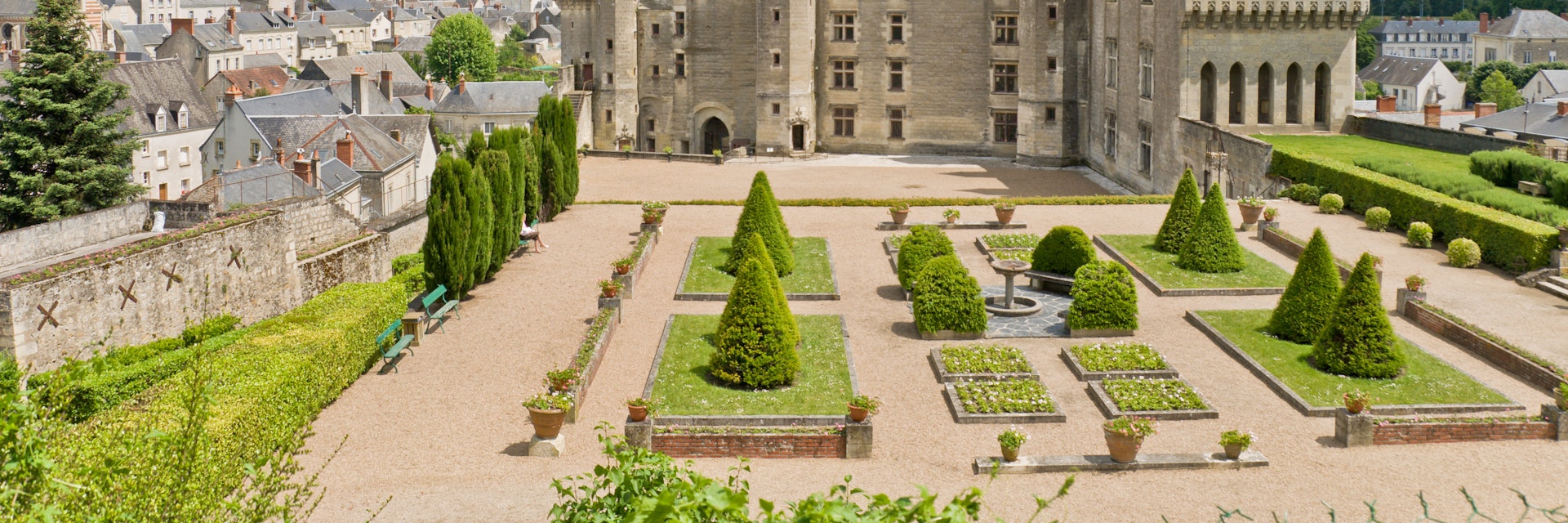 Panoramic view of the castle, garden and town Langeais, Loire Valley, France.