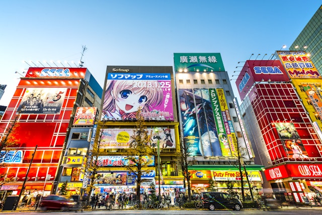 A run of shops with animae characters and video game stars blaze away in bright neon colours in Tokyo'sAkihabara district