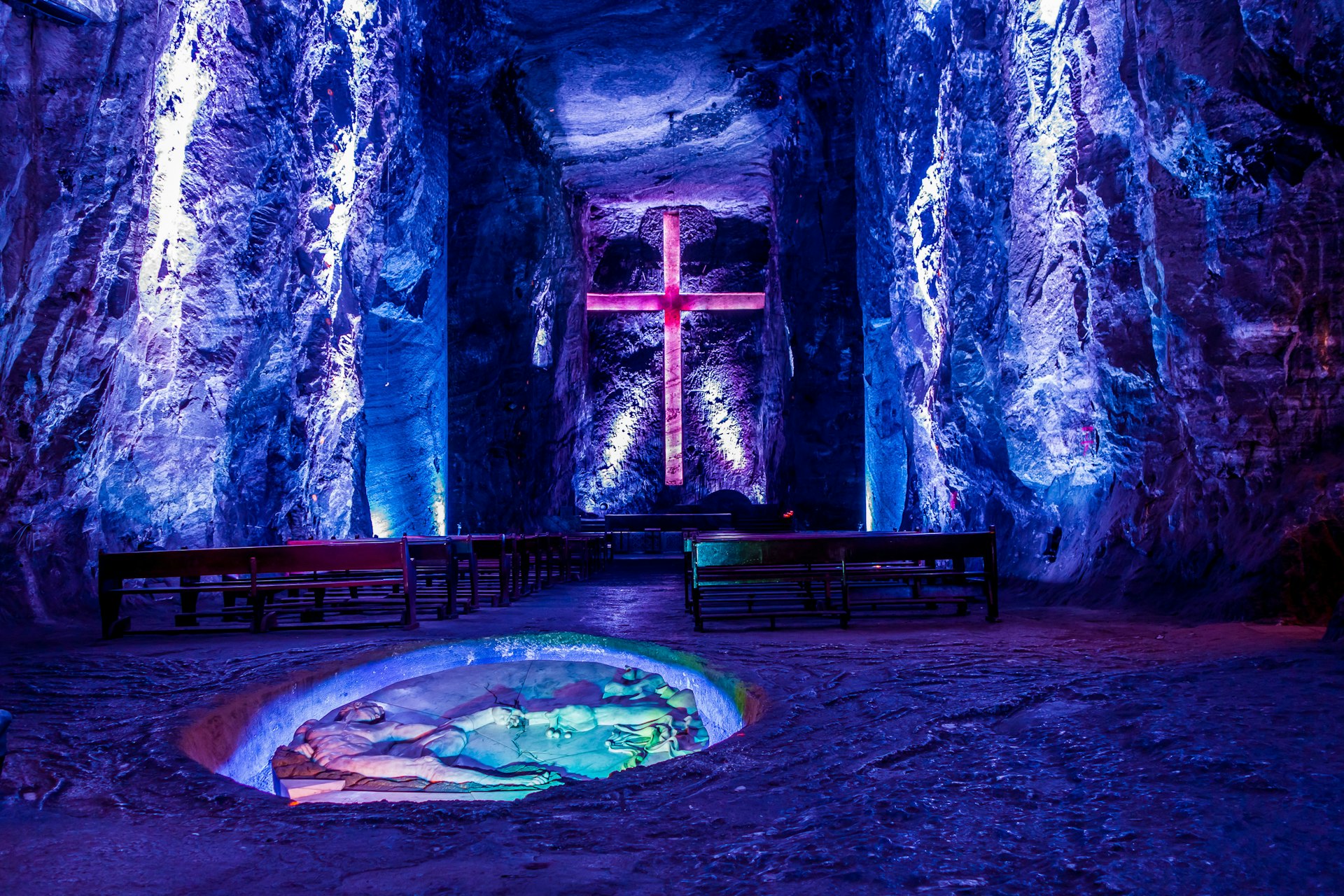 Marble and salt sculptures at underground Salt Cathedral Zipaquira built within the multicolored tunnels from a mine.